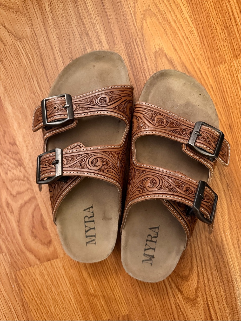 Myra tooled leather burk style sandals